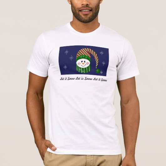 雪が降る - 縞模様の帽子とマフラーをした雪だるま Tシャツ (正面)