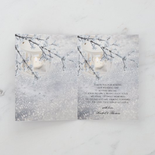 雪きらめく冬の結婚式の写真サンキューカード サンキューカード (内部)