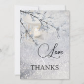 雪きらめく冬の結婚式の写真サンキューカード サンキューカード (正面)