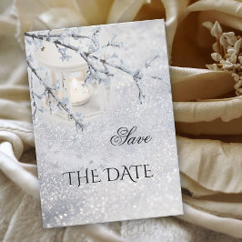 雪きらめく冬の結婚式の日付カードを保存 セーブザデート