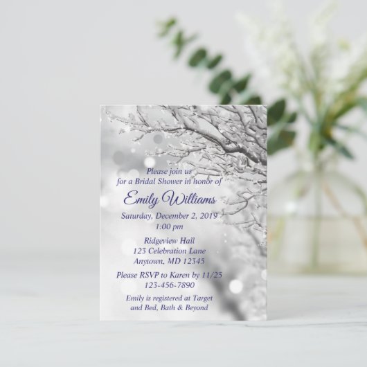 雪きらめく氷ウィンターウェディングブライダルシャワー 招待状 (スタンド正面)