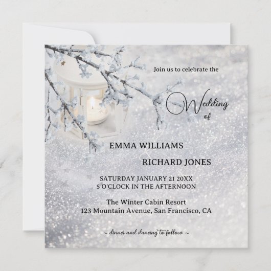 雪きらめく灯の冬の結婚式の写真 招待状 (正面)