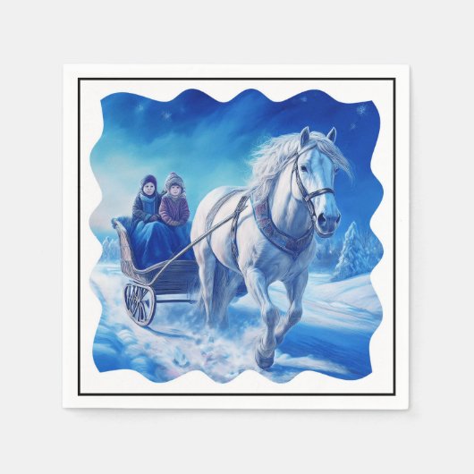 雪そりに乗った2人の若い女の子 スタンダードカクテルナプキン (正面)