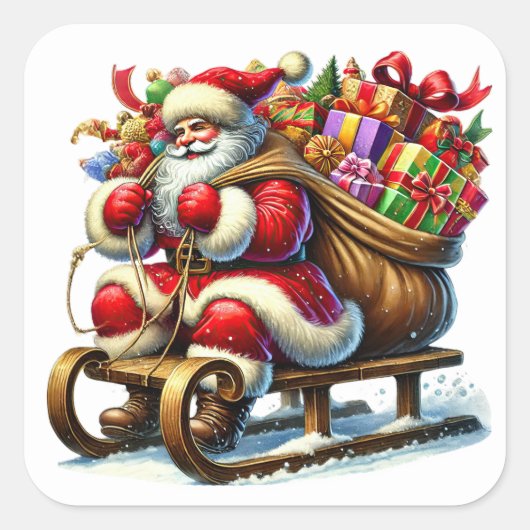 雪そりに贈り物をするサンタクロース スクエアシール (正面)