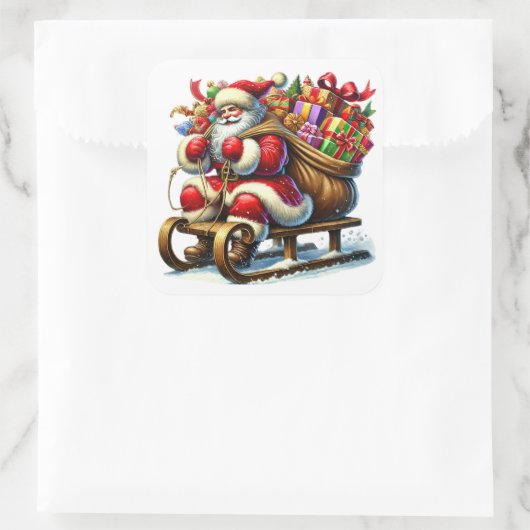 雪そりに贈り物をするサンタクロース スクエアシール (バッグ)