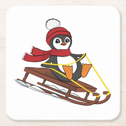 雪そりペンギンかわいい動物の冬 スクエアペーパーコースター (正面)