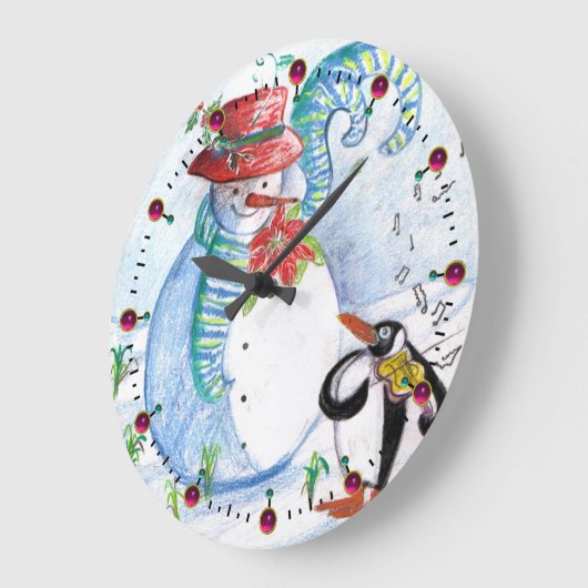 雪だるまおもしろいとペンギンの冬のセレナード ラージ壁時計 (傾斜)