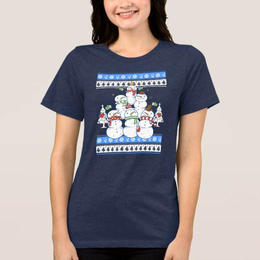 雪だるまおもしろいクリスマスツリー トライブレンドTシャツ (正面)