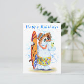 雪だるまおもしろいサーファーハッピーホリデーズカード ポストカード (スタンド正面)