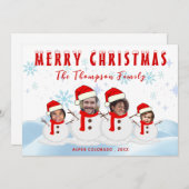 雪だるまおもしろいファミリーメリークリスマスフォト シーズンカード (正面/裏面)
