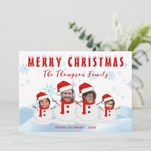 雪だるまおもしろいファミリーメリークリスマスフォト シーズンカード (スタンド正面)