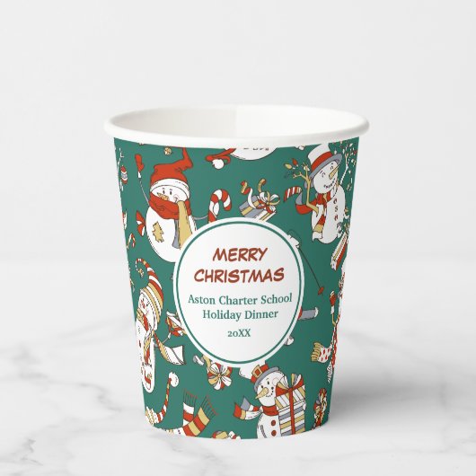 雪だるまおもしろいホリデーパターンオンティール(緑がかった色) 紙コップ (左)
