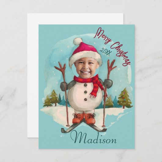 雪だるまおもしろい雪だるまスキーキッズフォトホリデイ シーズンカード (正面/裏面)