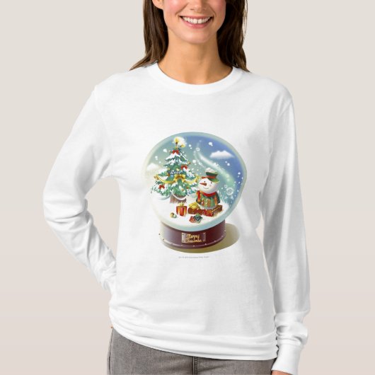 雪だるまおよびクリスマスツリーが付いている雪の地球 Tシャツ (正面)
