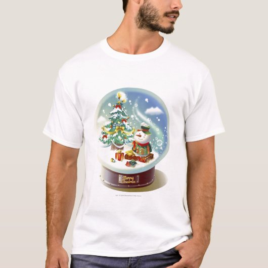 雪だるまおよびクリスマスツリーが付いている雪の地球 Tシャツ (正面)