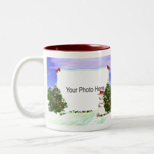 雪だるまおよびクリスマスツリーの2写真フレーム ツートーンマグカップ (左)