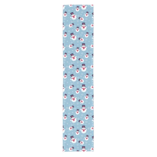 雪だるまおよび雪片が付いている青いクリスマスパターン ショートテーブルランナー (正面)