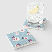 雪だるまおよび雪片が付いている青いクリスマスパターン ストーンコースター (横)