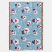 雪だるまおよび雪片が付いている青いクリスマスパターン スローブランケット (正面縦)