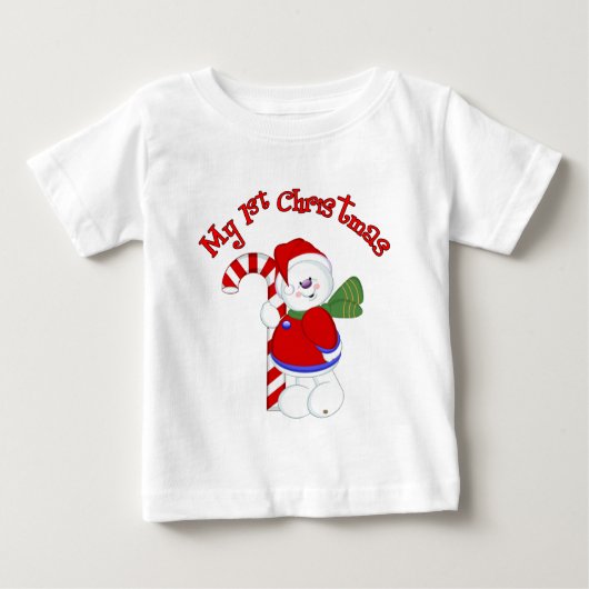 雪だるまおよびCandycaneの第1クリスマス ベビーTシャツ (正面)