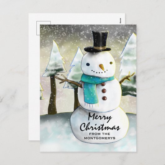雪だるまお洒落冬のシーンのクリスマス シーズンポストカード (正面/裏面)