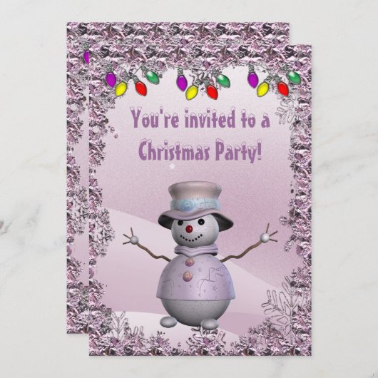 雪だるまお洒落·ピンエレガントク·クリスマス·パーティー 招待状 (正面/裏面)