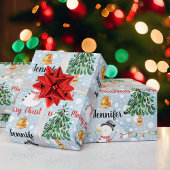 雪だるまかわいいクリスマスパターンのパーソナライズ名 ラッピングペーパー