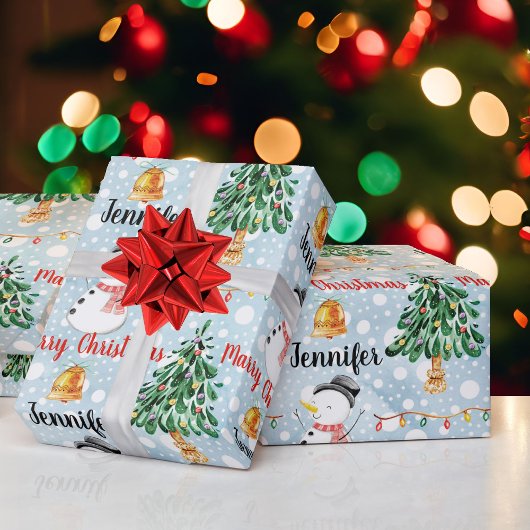 雪だるまかわいいクリスマスパターンのパーソナライズ名 ラッピングペーパー