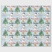 雪だるまかわいいクリスマスパターンのパーソナライズ名 ラッピングペーパー (フラット)