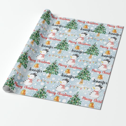 雪だるまかわいいクリスマスパターンのパーソナライズ名 ラッピングペーパー (アンロールド)