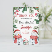 雪だるまかわいいクリスマス1歳の誕生日サンキューカード サンキューカード (スタンド正面)