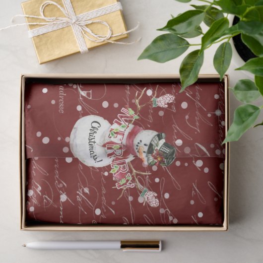 雪だるまかわいい水の色メリークリスマスタイポグラフィ 薄葉紙 (ギフト)