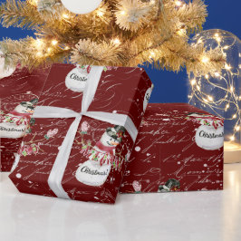 雪だるまかわいい水色メリークリスマススクリプトレッド ラッピングペーパー