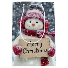 雪だるまがクリスマスにメリーサインを掲げる ミディアムペーパーバッグ