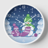 雪だるまがクリスマスのマフラーを編む 壁時計 (正面)