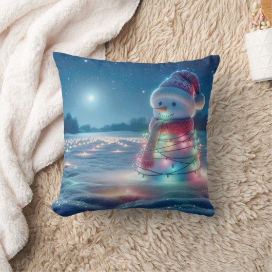 雪だるまがクリスマス白熱［赤熱］光を放つの光に絡まる クッション (ブランケット)