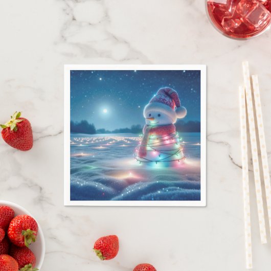 雪だるまがクリスマス白熱［赤熱］光を放つの光に絡まる スタンダードカクテルナプキン (インサイチュ)