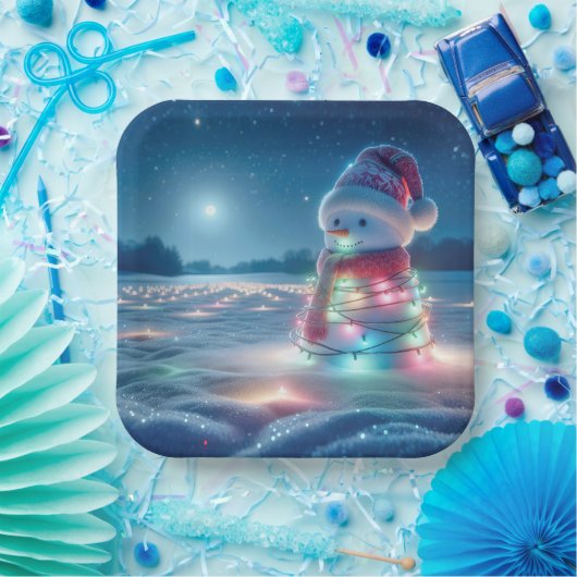 雪だるまがクリスマス白熱［赤熱］光を放つの光に絡まる ペーパープレート (パーティー)