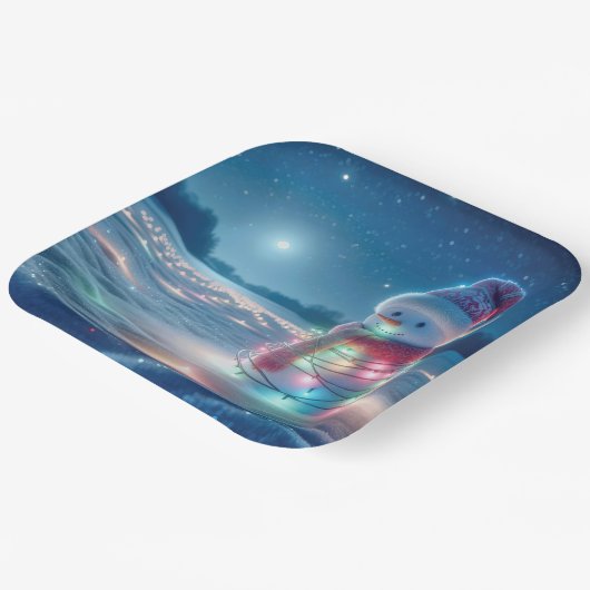 雪だるまがクリスマス白熱［赤熱］光を放つの光に絡まる ペーパープレート (傾斜あり)