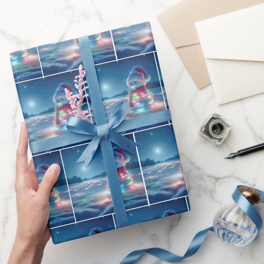 雪だるまがクリスマス白熱［赤熱］光を放つの光に絡まる ラッピングペーパー (ギフト)