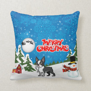 雪だるまが付いているメリークリスマスのボストンテリア クッション