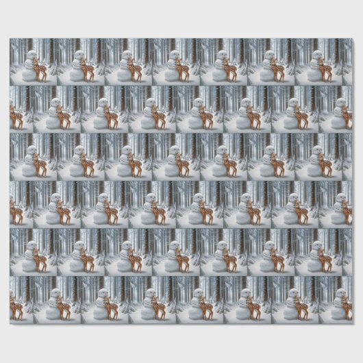 雪だるまが冬の森で子犬を抱く ラッピングペーパー (フラット)