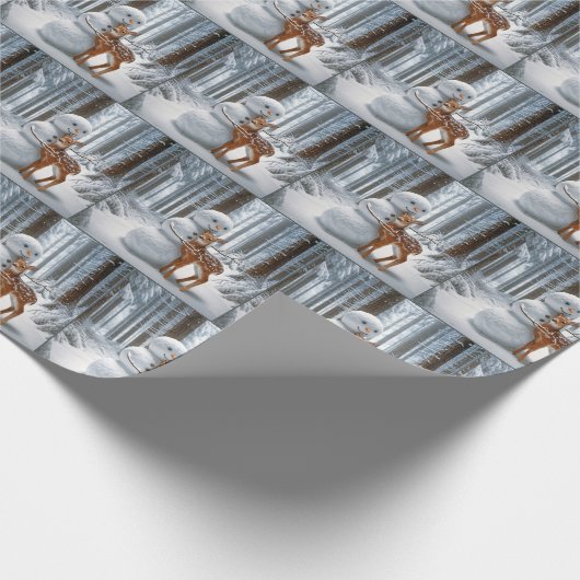 雪だるまが冬の森で子犬を抱く ラッピングペーパー (角)