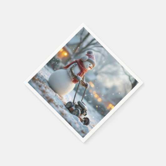 雪だるまが古いプッシュローンモアを押す スタンダードカクテルナプキン (角)