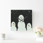 雪だるまが星の夜を楽し絵画む スクエア壁時計 (ホーム)