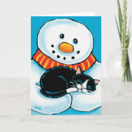 雪だるまが眠るタキシード猫絵画の シーズンカード