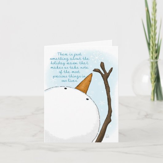 雪だるまが貴重なものを求めて、他の雪の結晶の中に手を伸ばす シーズンカード (正面)