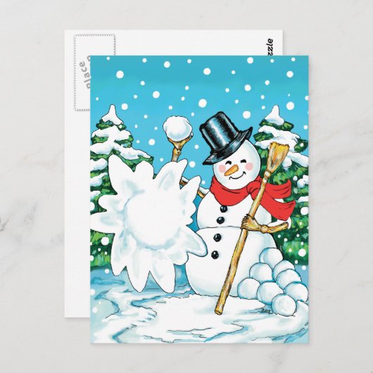 雪だるまが雪だるま式の冬のおもしろいスプラットを投げる! ポストカード (正面/裏面)