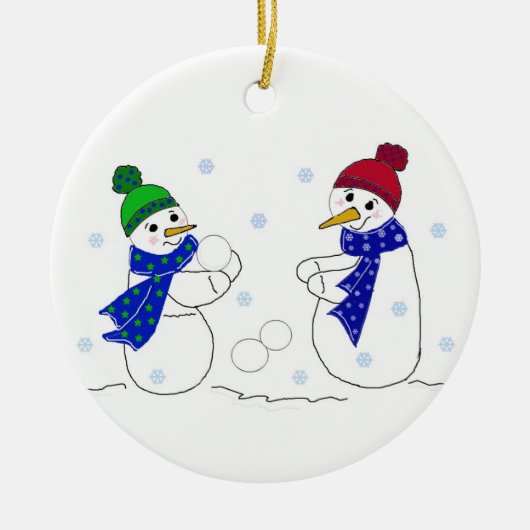 雪だるまが雪の中で遊ぶ セラミックオーナメント (正面)