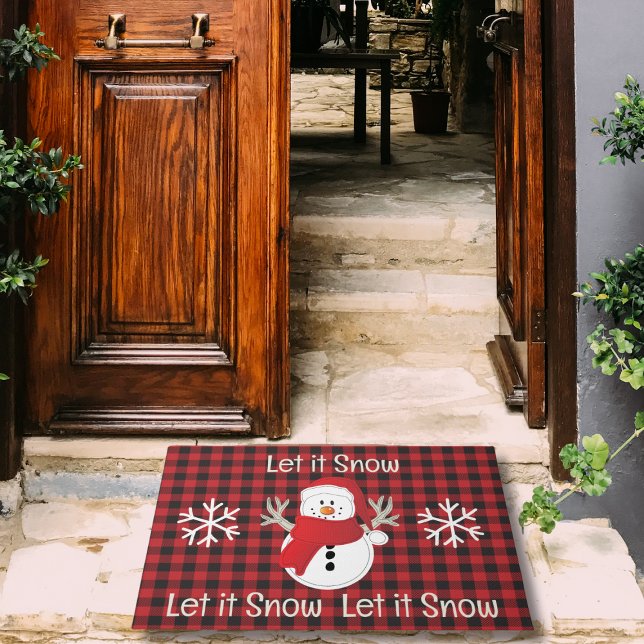 雪だるまそれを雪赤と黒バッファロープレイド ドアマット (クリエイターアップロード済み)